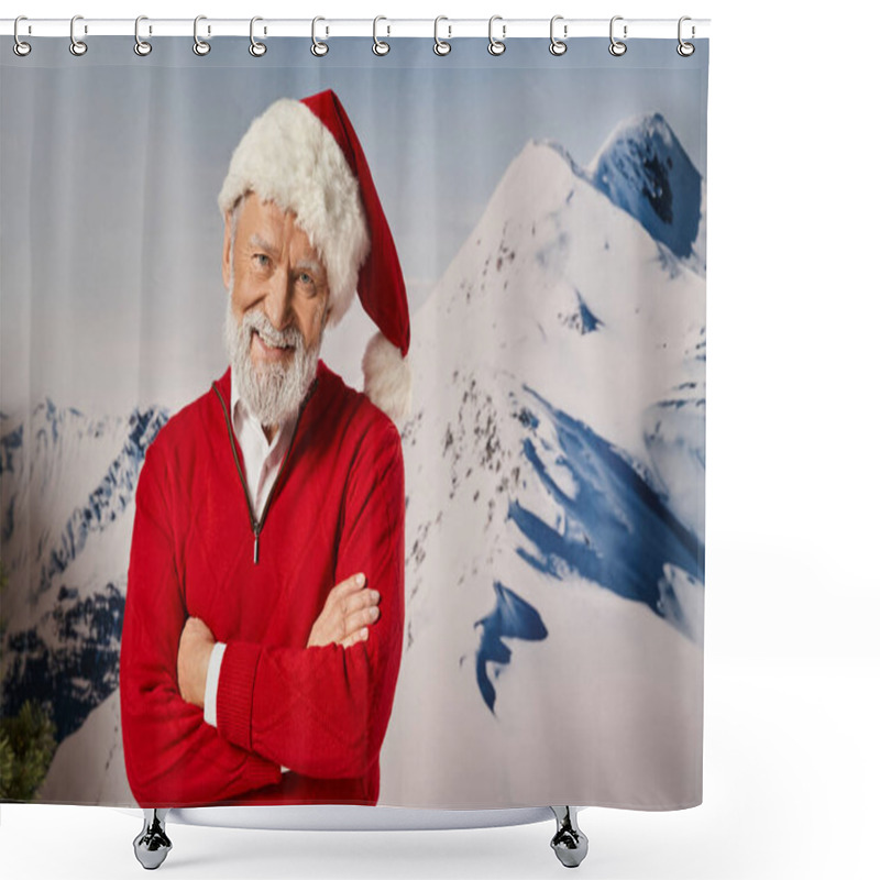 Personality  Cheerful Man In Santa Costume Smiling At Camera With His Arms Crossed On Chest, Winter Concept Shower Curtains