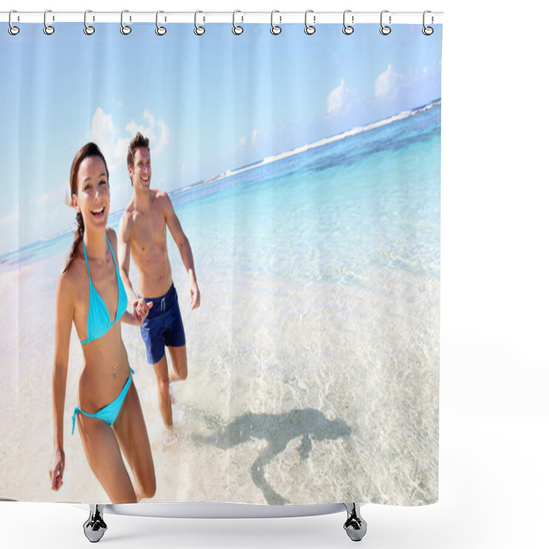 Personality  Couple Running On A Sandy Beach Shower Curtains