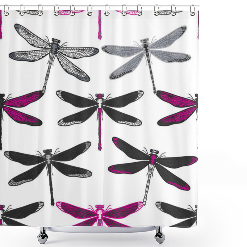 Personality  Hand Drawn Stylized Dragonflies Seamless Pattern For Girls, Boys, Clothes. Creative Background With Insect. Funny Wallpaper For Textile And Fabric. Fashion Style. Colorful Bright Shower Curtains