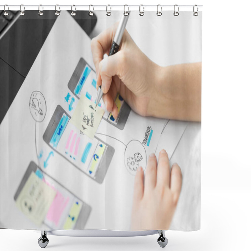 Personality  Web Designer Working On User Interface Wireframe Shower Curtains