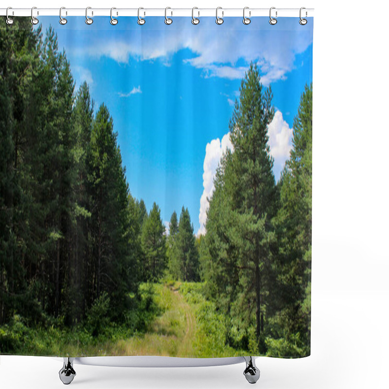 Personality  Banner. The Forest. A Wild Road Through The Forest. Perfect Summer Landscape. A Beautiful Day With A Few White Clouds In The Sky. Shower Curtains