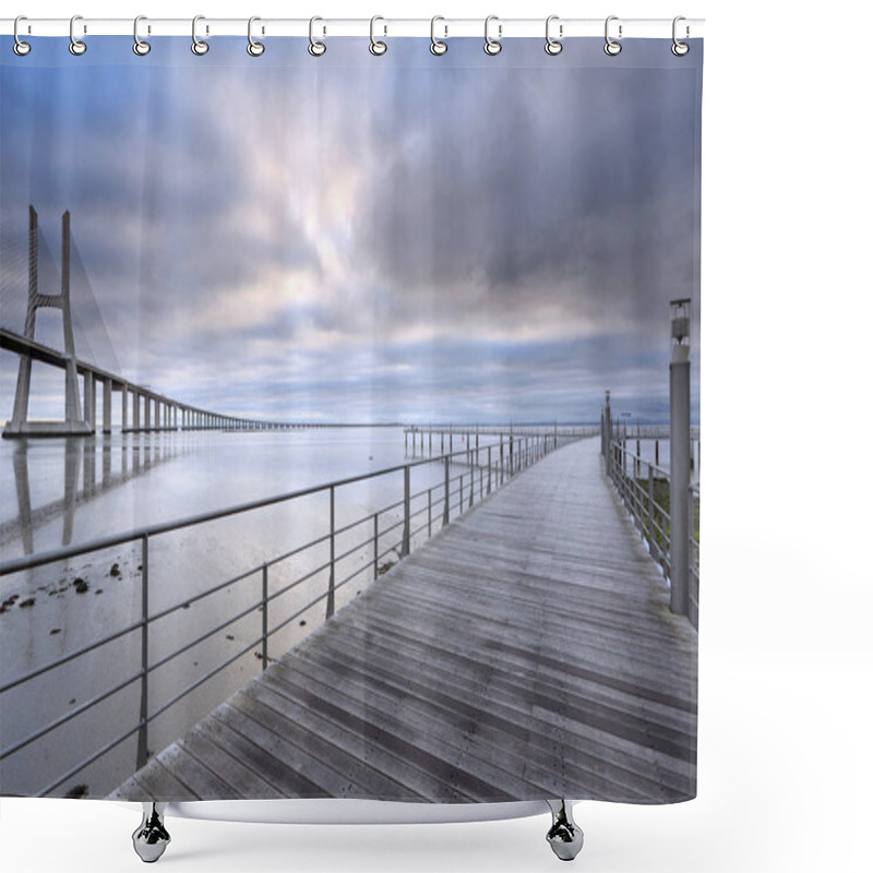 Personality  Vasco Da Gama Bridge Landscape At Sunrise. One Of The Longest Bridges In The World. Lisbon Is An Amazing Tourist Destination Because Its Light, Its Monuments. Portugal Landmark. Shower Curtains