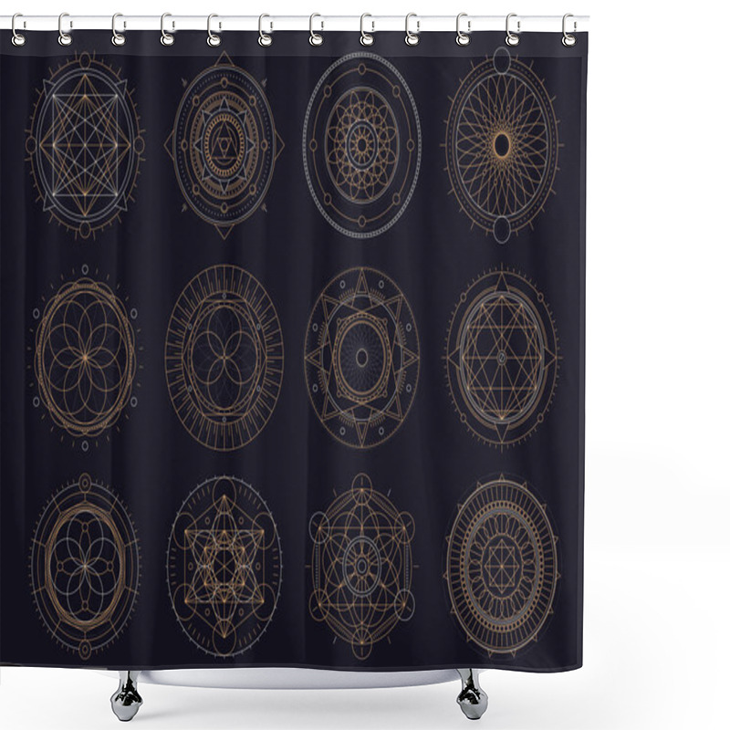 Personality  Vector Set Of Sacred Geometric Figures, Dreamcatcher And Mystic Symbols, Golden Abstract Signs Shower Curtains