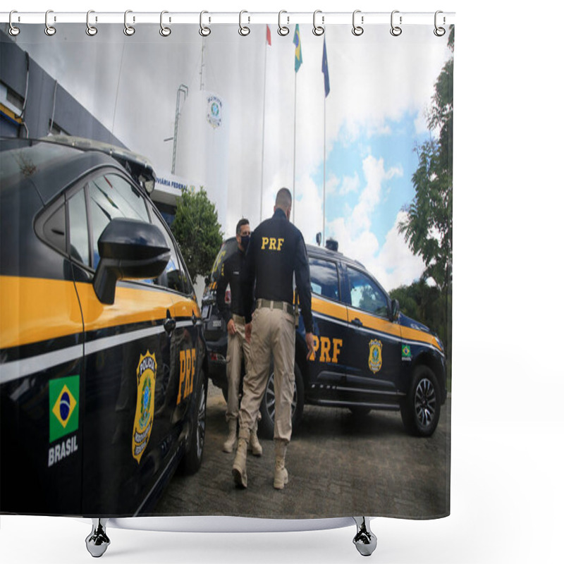 Personality  Salvador, Bahia, Brazil - January 21, 2022: Federal Highway Police Officers Next To A Vehicle At The Regional Superintendence In The City Of Salvador. Shower Curtains