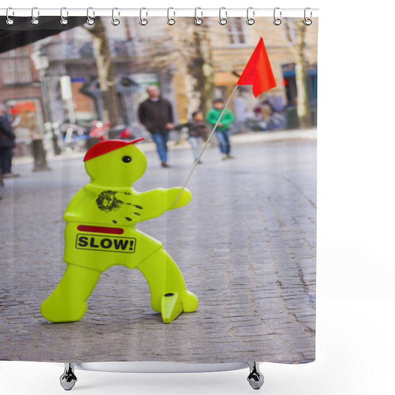 Personality  Plastic Man Slow Road Sign Holding Red Flag Shower Curtains