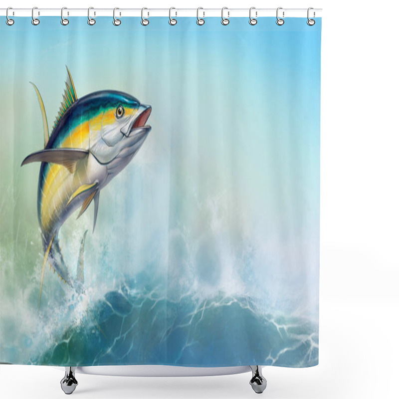 Personality  Yellow Tuna. Black Fin Yellow Tuna On White. Big Fish On The Bac Shower Curtains