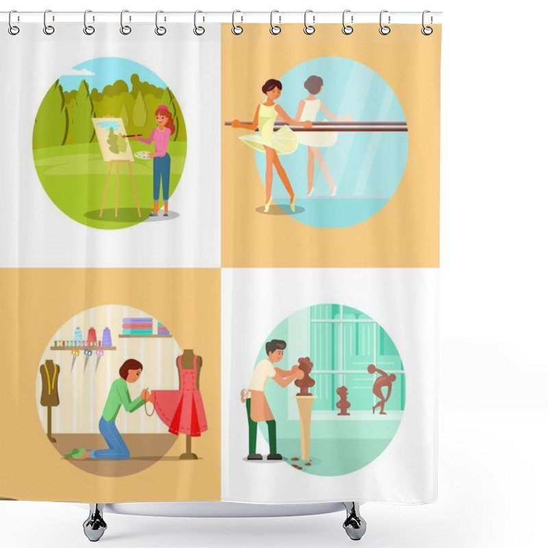 Personality  People Enjoying Their Hobbies Vector Flat Illustration Shower Curtains