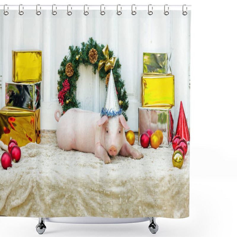 Personality  Two White Pigs Sits Near The Christmas Decoration. Cute Little Piglets With Funny Caps On The New Year. Shower Curtains