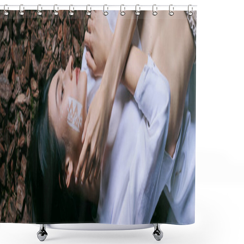 Personality  A Woman In A White Shirt Lies On A Bed Of Plastic Debris, Her Face Adorned With A Geometric Pattern. Shower Curtains