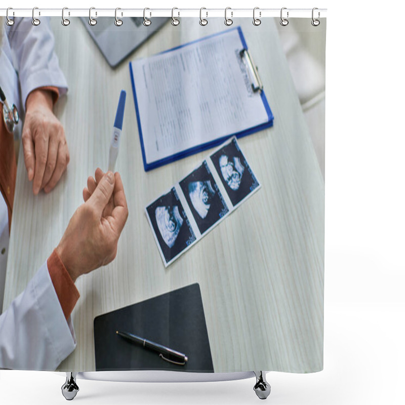 Personality  Close Up Of Gynecologist Holding Pregnancy Test Of His Patient With Ultrasound On Table, Ivf Concept Shower Curtains