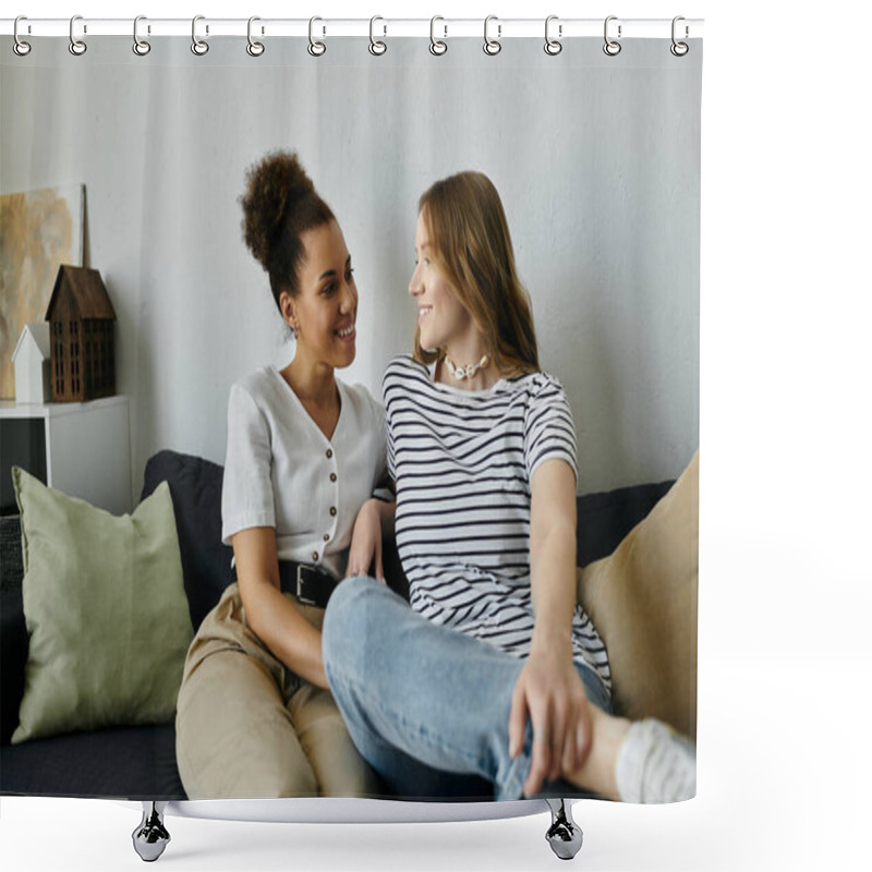 Personality  Two Women Cuddle On A Couch And Enjoy Each Others Company. Shower Curtains