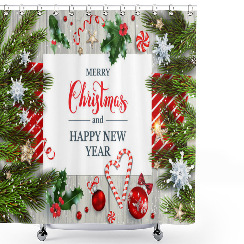 Personality  Holiday Christmas Card With Fir Tree Branches And Festive Decorations Stars, Snowflakes, Holly On Wood Background. Festive Template For Banner, Ticket, Leaflet, Card, Invitation, Poster And So On Shower Curtains