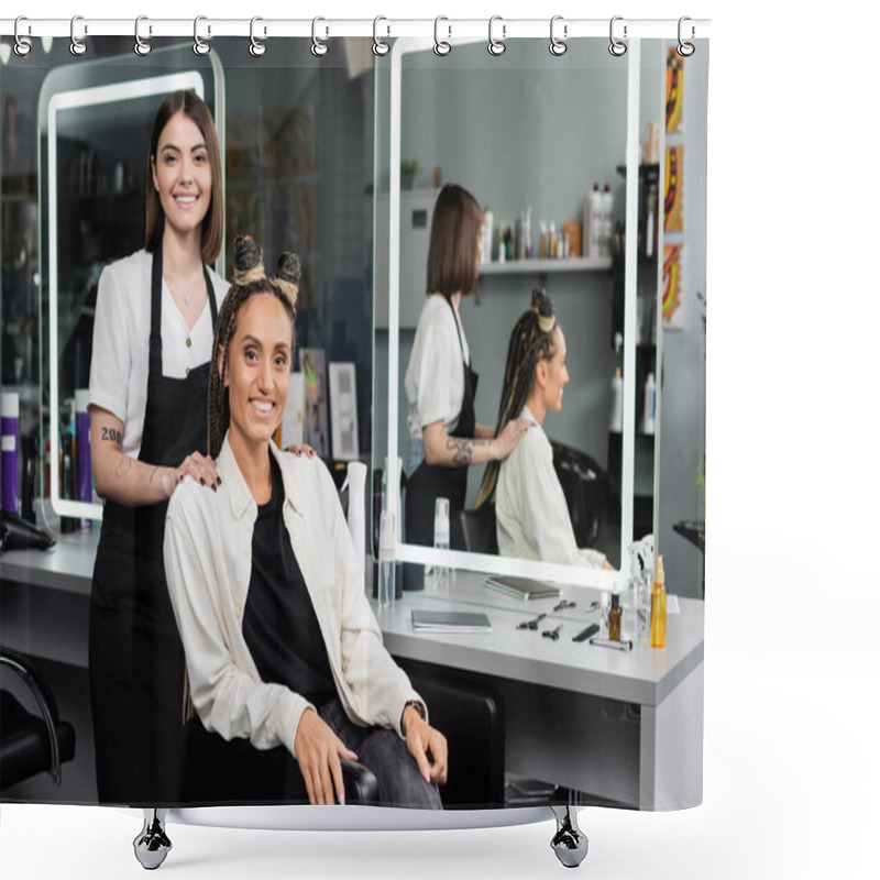 Personality  Client Satisfaction, Hairdresser And Happy Woman With Braids, Hairstyle, Mirror, Reflection, Hair Buns, Braided Hair, Beauty Salon, Hair Fashion, Salon Customer And Hairstylist, Looking At Camera Shower Curtains