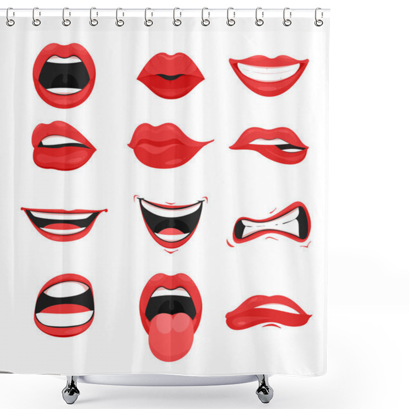 Personality  Vector Illustration Set Of Cute Mouth With Red Lips Expressions Facial Gestures Collection. Smiling Sticking, Out Tongue, Different Emotions Isolated On White Background. Shower Curtains