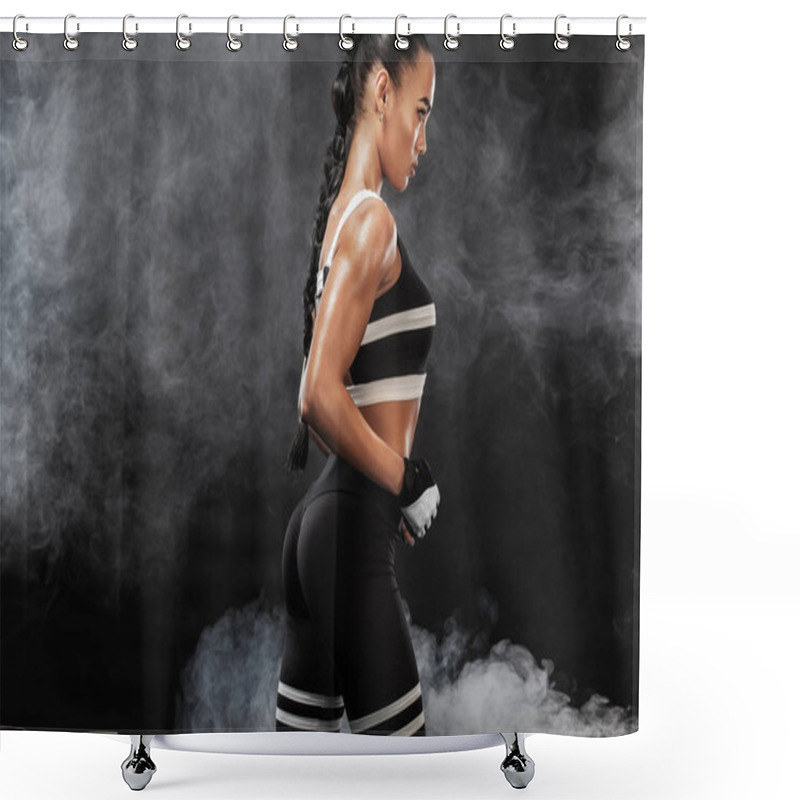 Personality  Sporty Beautiful Afro-american Model, Woman In Sportwear Makes Fitness Exercising At Black Background To Stay Fit Shower Curtains