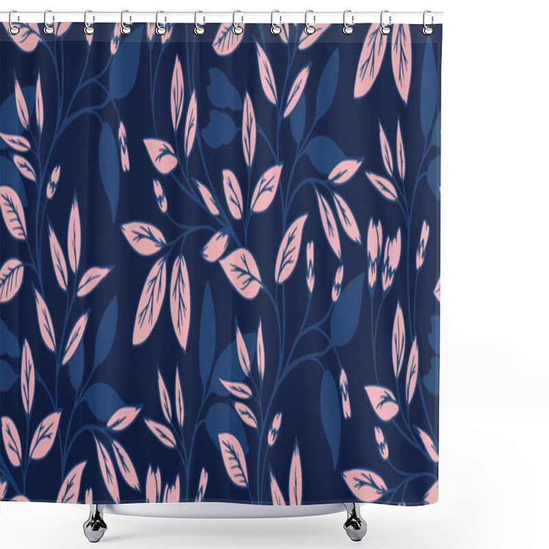 Personality  Abstract Artistic Branches With Leaves And Tiny Buds Intertwined In Seamless Pattern. Vector Hand Drawn Silhouettes, Shape. Creative Simple Dark Blue Forest Leaf Stems Printing. Template For Design Shower Curtains