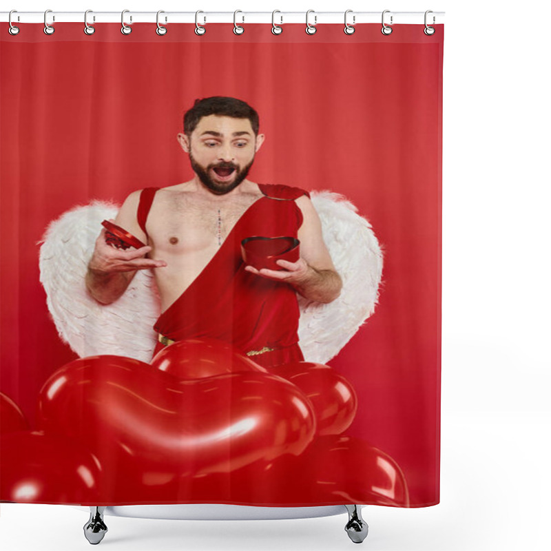 Personality  Amazed Man In Cupid Costume Opening St Valentines Day Present Near Heart-shaped Balloons On Red Shower Curtains