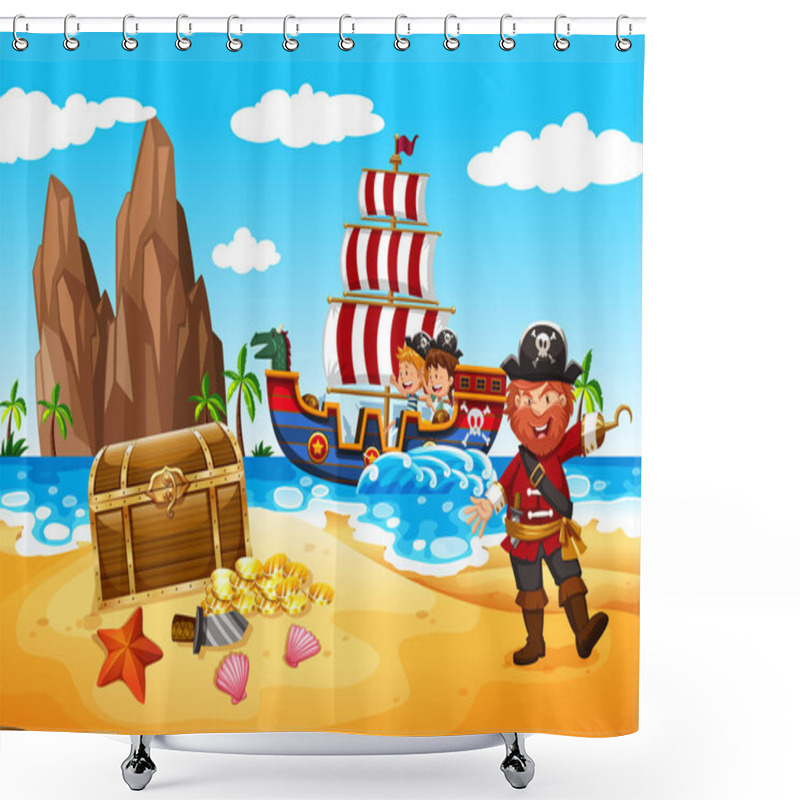 Personality  Happy Pirate And Kids  Illustration Shower Curtains