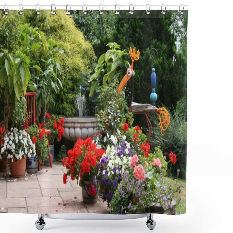 Personality  Flower Terrace With Bird In Greenery, Fountain Shower Curtains