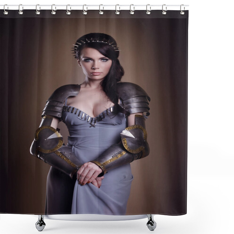 Personality  Portrait Of A Beautiful Lady Warrior, Dark-haired Girl In A Gray Shower Curtains