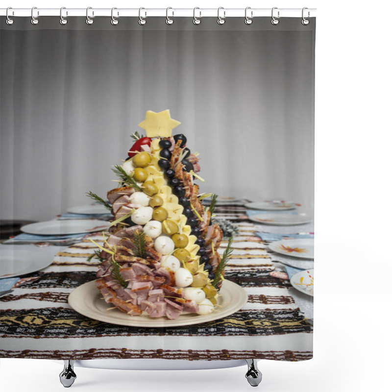 Personality  Appetizer Arranged In The Shape Of A Christmas Tree, Salami, Ham, Cheese, Tomatoes Stacked As A Spiral Tower   Shower Curtains