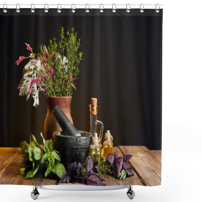 Personality  Grey Mortar Near Clay Vase With Fresh Wildflowers And Herbs On Wooden Table Isolated On Black Shower Curtains