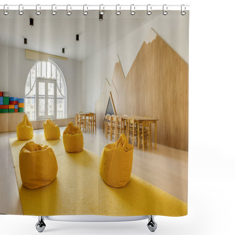 Personality  Yellow Bean Bag Chairs And Wooden Tables In Kindergarten Playing Room Shower Curtains