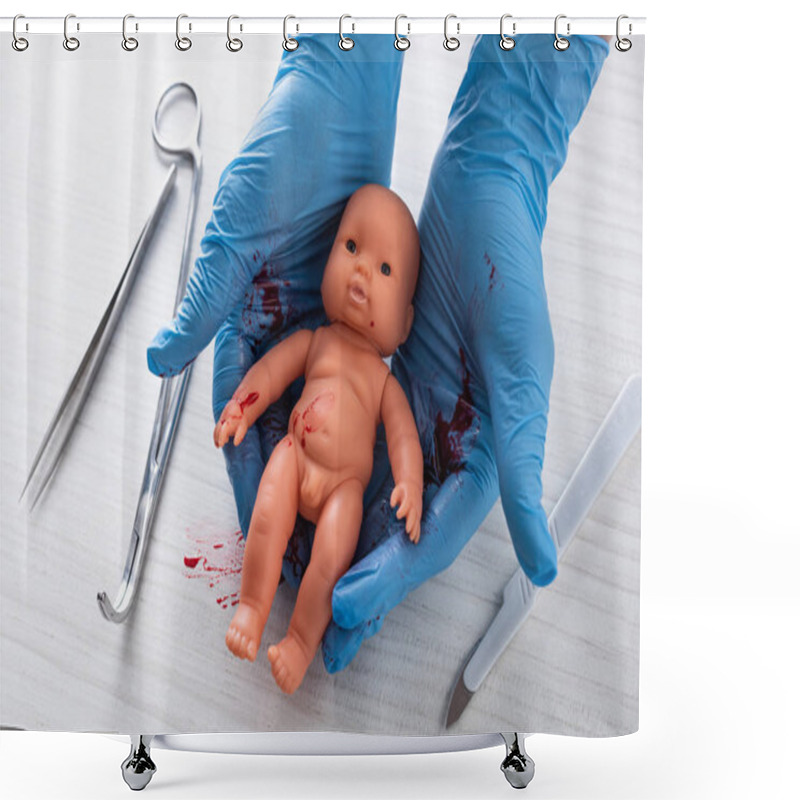 Personality  Cropped View Of Doctor In Blue Latex Gloves Holding Baby Doll Near Medical Instruments  Shower Curtains