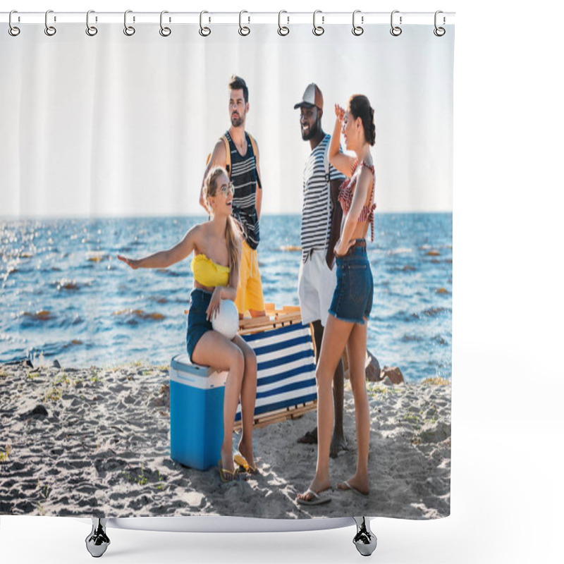 Personality  Happy Young Multiethnic Friends With Beach Items Spending Time On Sandy Sea Coast  Shower Curtains