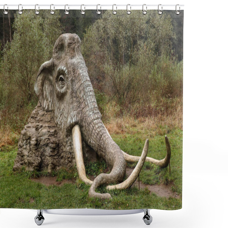 Personality  SAZAVA, CZECH REPUBLIC, November 2, 2019: Statue Of Mammoth In The Landscape, Author: Michal Olsiak, Zdar Nad Sazavou District, Vysocina Region, Czech Republic Shower Curtains