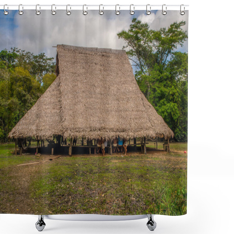 Personality  Iquitos, Peru- Mar 28, 2018: House Of  Yagua Tribe Indian Shower Curtains