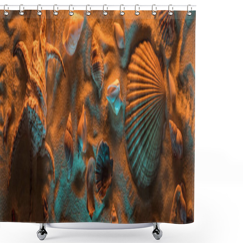 Personality  Panoramic Shot Of Seashells And Starfish On Sand With Orange And Blue Lights Shower Curtains