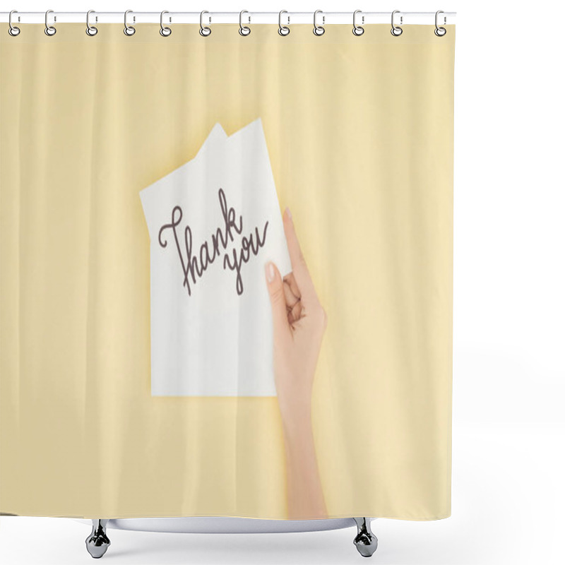 Personality  Cropped Person Holding White Postcard With Thank You Lettering Isolated On Yellow Background Shower Curtains