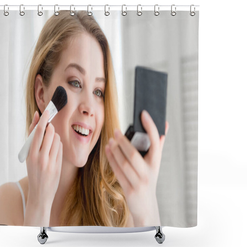 Personality  Attractive Smiling Girl Applying Compact Powder With Brush And Looking At Mirror  Shower Curtains