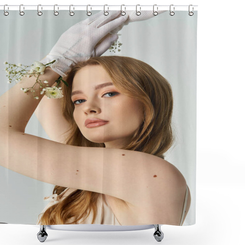 Personality  A Young Woman Poses With Delicate Flowers, Showcasing Her Natural Beauty And Charm. Shower Curtains