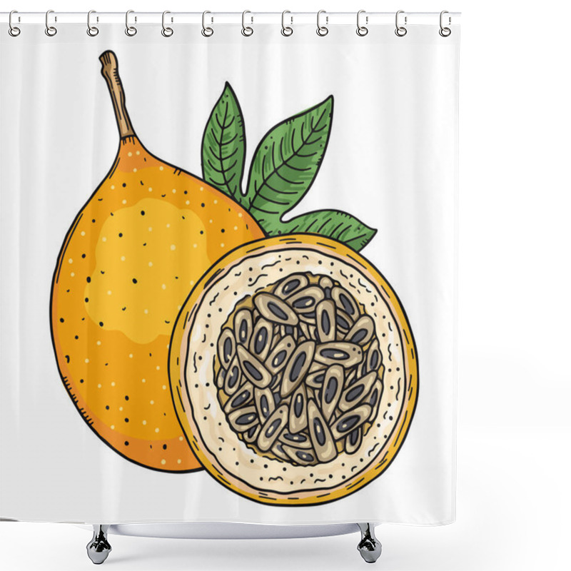 Personality  Composition Of A Whole Orange Granadilla Fruit And A Half Cut Of Fruit On A Leaves Background. Color Image On A White Background. Doodle Sketch Style. Shower Curtains