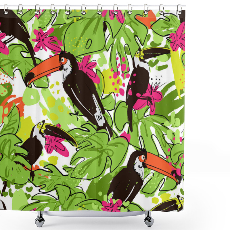 Personality  Tropical Hand Draw Seamless Pattern With Monstera Leaves, Parrots - Toucans, Pink Tropic Flowers, Mixed With Paint Drops And Abstract Elements On White Background. Tropical Hand Draw Seamless Pattern Shower Curtains