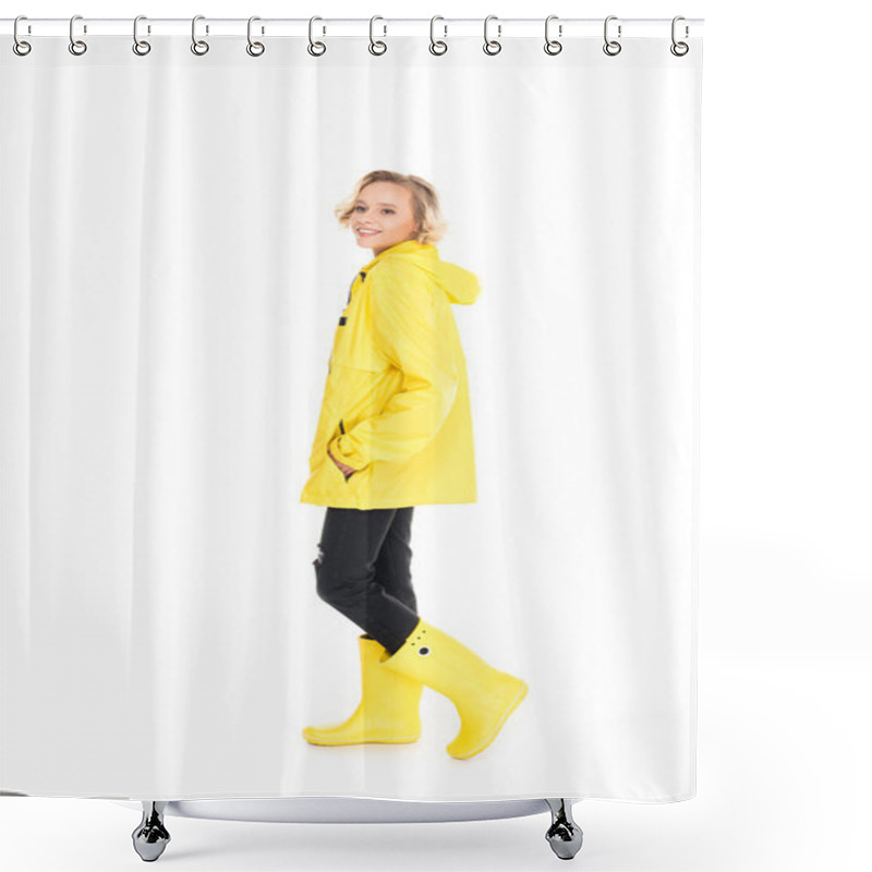 Personality  Young Woman In Stylish Yellow Raincoat And Rain Boots Isolated On White Shower Curtains