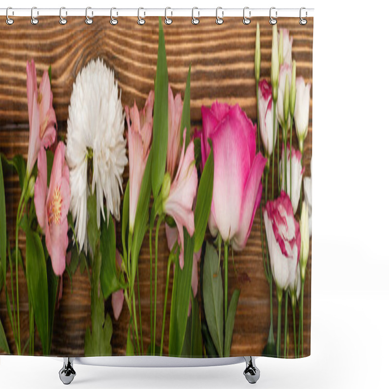 Personality  Top View Of Variety Of Pink And White Flowers On Wooden Surface, Banner Shower Curtains