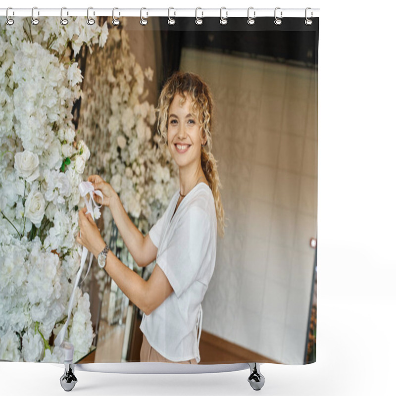 Personality  Joyful Florist Decorating Event Hall With White Flowers And Looking At Camera, Creative Work Shower Curtains