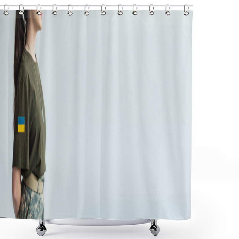 Personality  Partial View Of Soldier With Ukrainian Flag On T-shirt Isolated On Grey, Banner  Shower Curtains