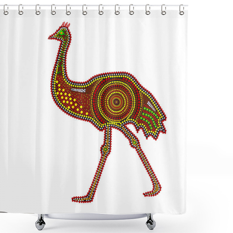 Personality  Emu Isolated On White Background. Australia Aboriginal Ostrich Dot Painting. Aboriginal Tribal Styled Ostrich. Decorative Ethnic Style. Element For Flyer, Poster, Banner, Placard, Brochure. Stock Vector Illustration Shower Curtains