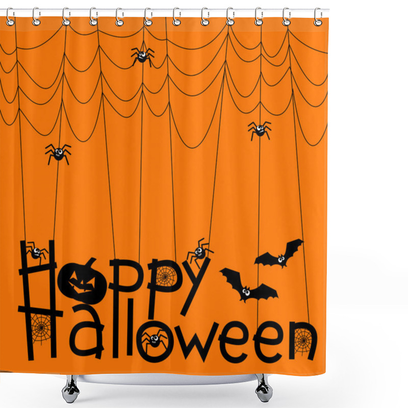 Personality  Spiders, Bat, Pumpkin And Webs Over Orange Background With Happy Halloween Text. Shower Curtains