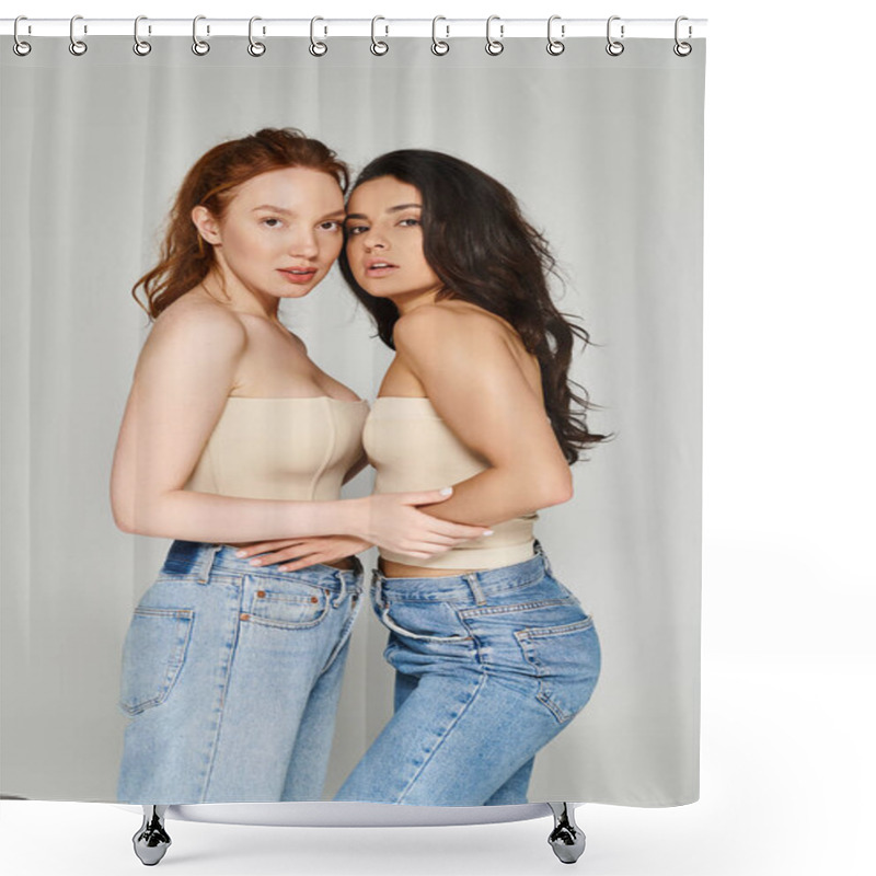 Personality  A Loving Lesbian Couple In High Waist Jeans, Posing Happily For The Camera. Shower Curtains