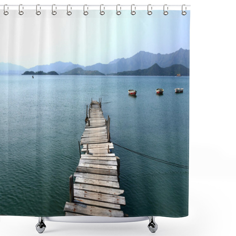 Personality  Looking Over A Pier And A Boat Shower Curtains