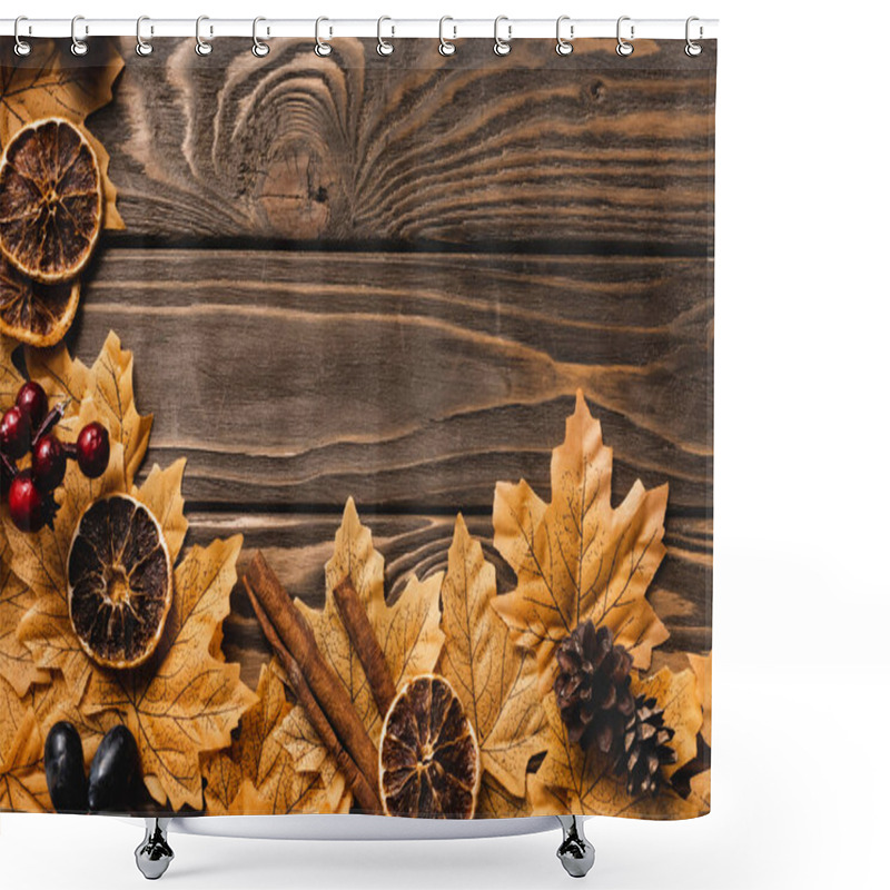 Personality  Top View Of Autumnal Decoration And Foliage On Brown Wooden Background Shower Curtains