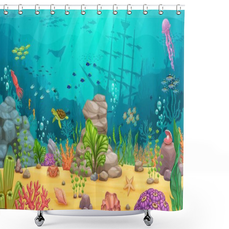 Personality  Cartoon Underwater Landscape. Sea And Ocean Under Water World Game Level Vector Background With Fish And Coral Reef Marine Animals. Undersea Bottom With Seaweeds, Starfish, Jellyfish And Sunken Ship Shower Curtains