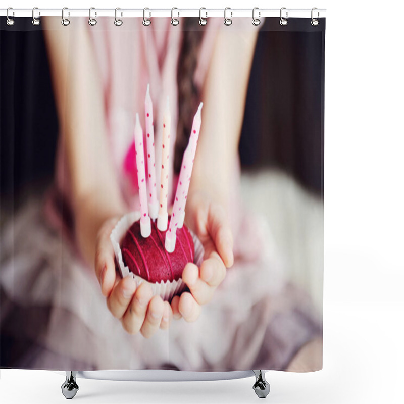 Personality  Child Girl Holding A Cupcake With Five Candles Shower Curtains