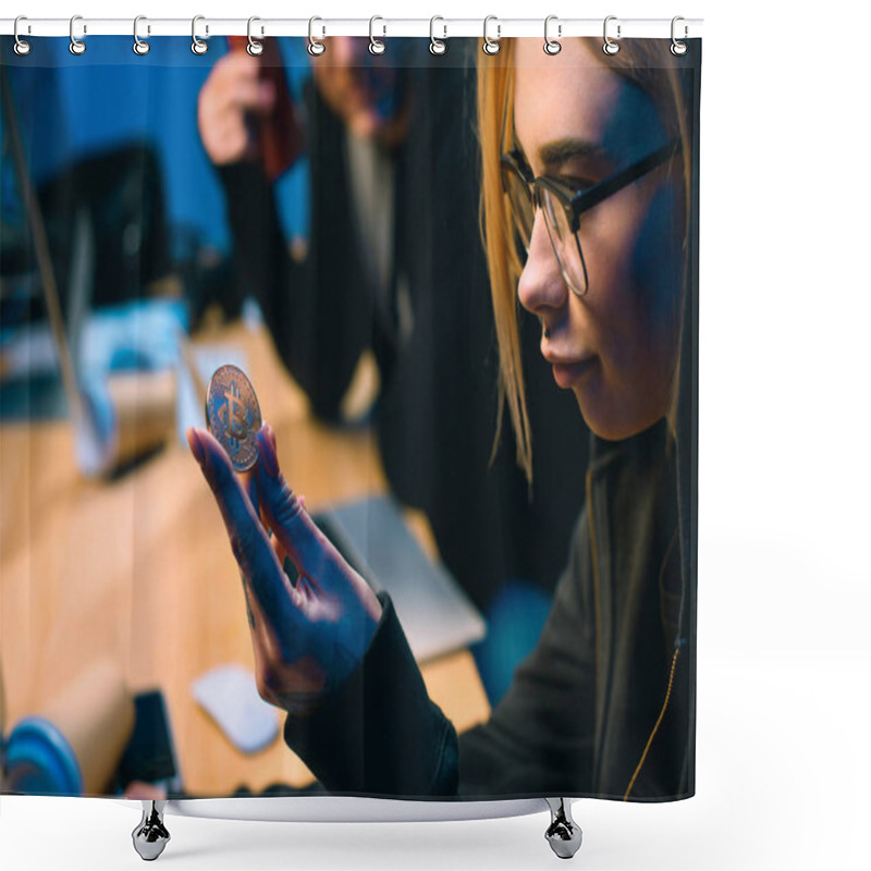 Personality  Close-up Shot Of Female Hackers Holding Bitcoin Shower Curtains