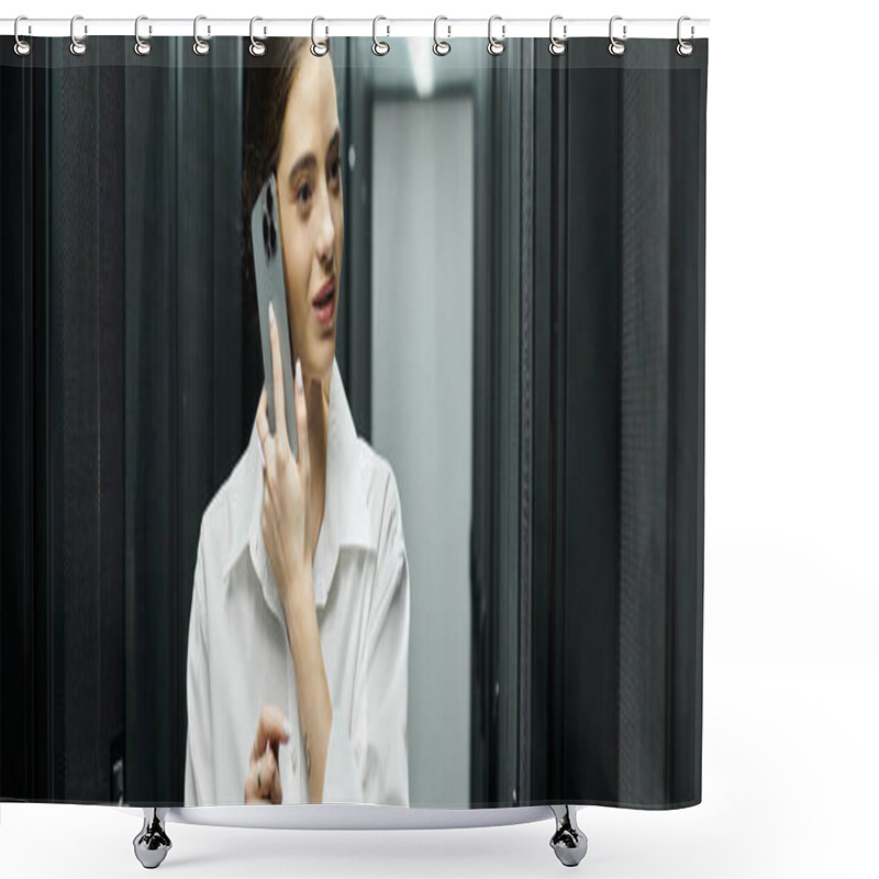 Personality  A Woman In A White Shirt Is Engaged In IT Work Inside A Sophisticated Server Room, Banner Shower Curtains